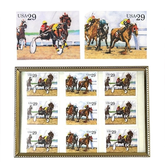 Other - 1993 Sporting Horses Harness Racing 29c Stamp Sheet of 9 in Gold Frame Stamp Art